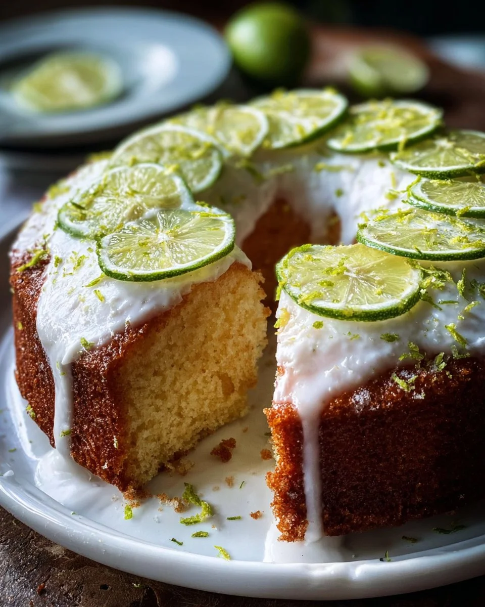Key Lime Angel Food Cake topped with whipped cream and lime slices