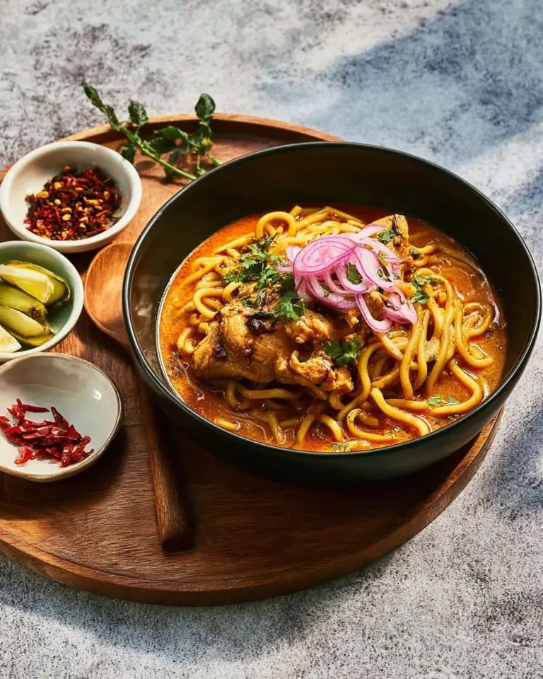 Bowl of Khao Soi, Northern Thai curry noodle soup topped with crispy noodles and herbs.