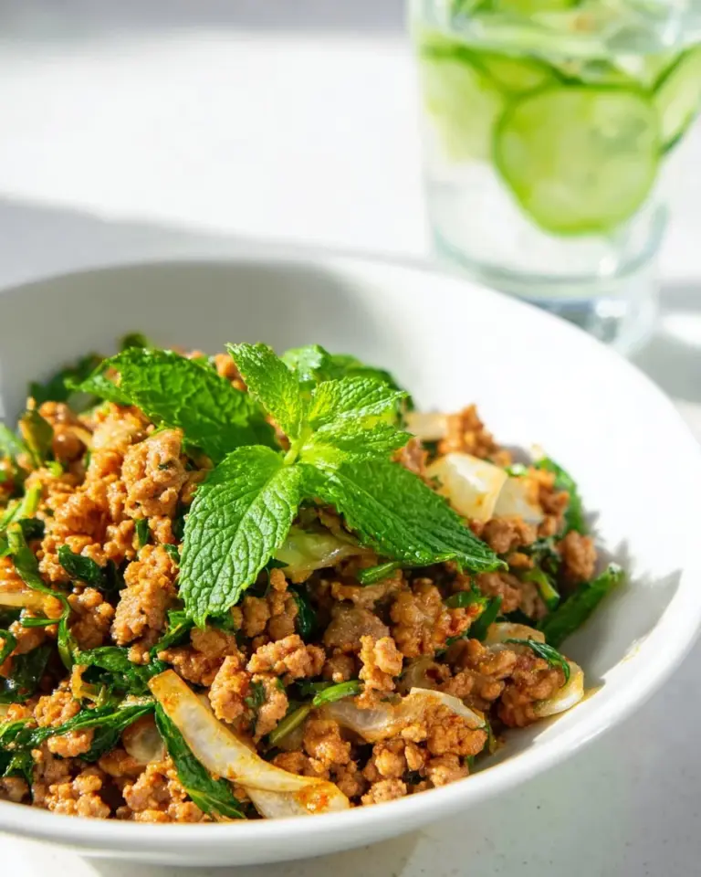 Laab Moo salad with minced pork, herbs, and lime in a colorful presentation.