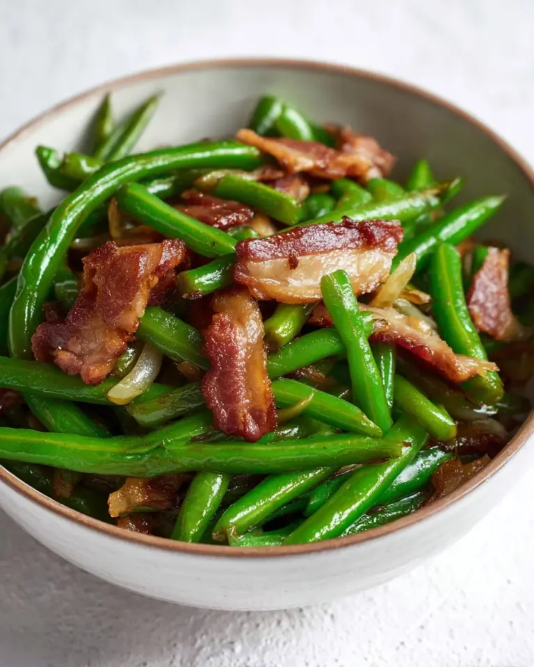 Long Bean Stir Fry with crispy bacon and colorful vegetables in a pan