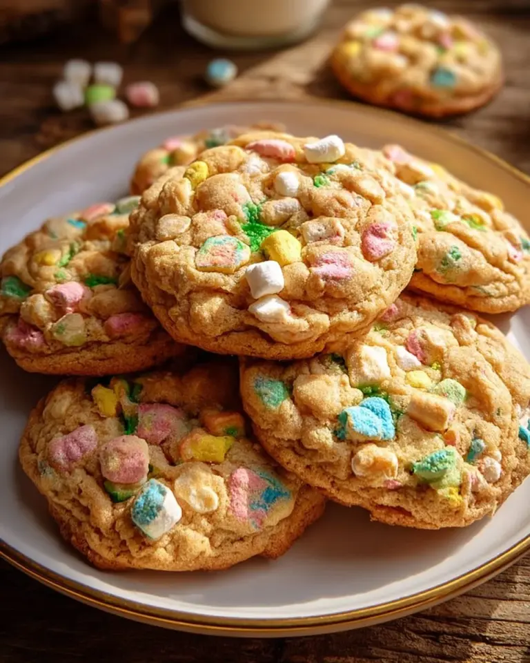 Delicious Lucky Charms Cookies with colorful marshmallows on a baking tray.