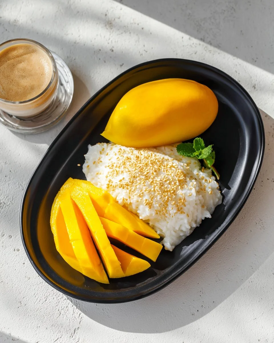 Delicious mango sticky rice dessert topped with coconut cream