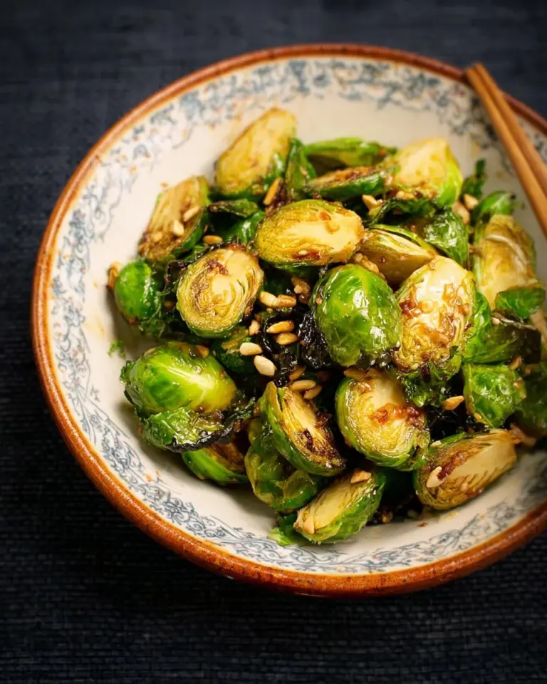 Maple Fish Sauce Brussels Sprouts dish with vibrant flavors and garnishes