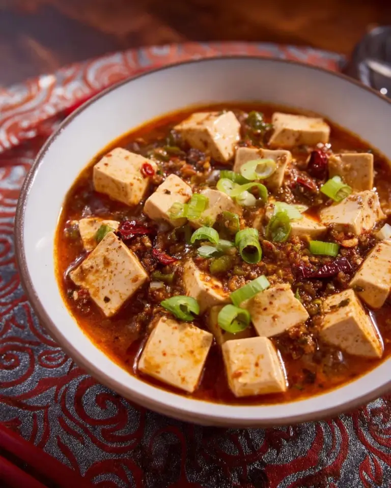 Delicious Mapo Tofu served with rice on a traditional plate
