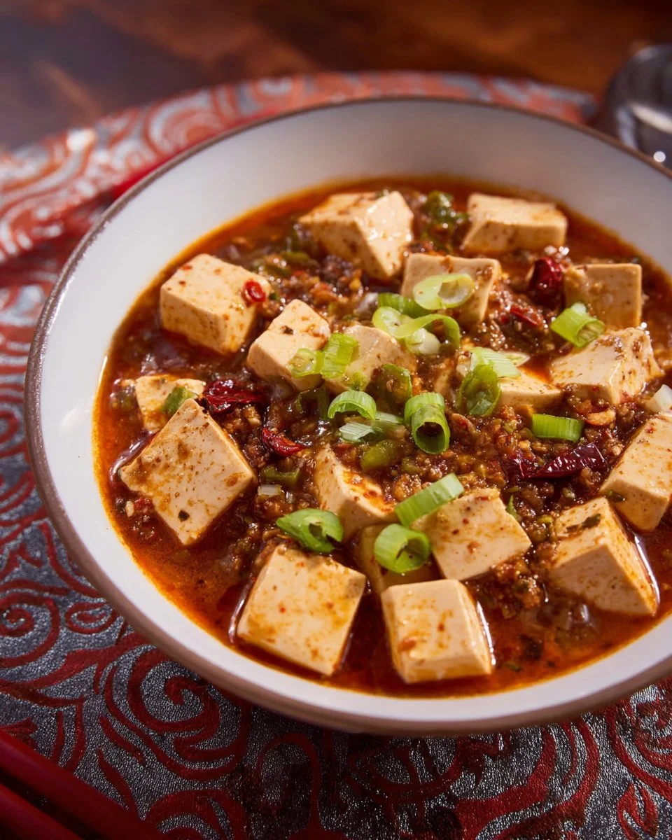 Delicious Mapo Tofu served with rice on a traditional plate