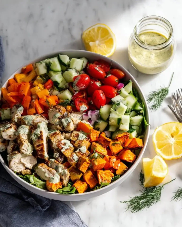 A colorful Mediterranean bowl filled with fresh vegetables, grains, and spices.