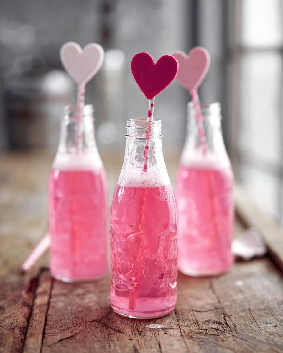 A vibrant glass of Thai Pink Milk (Nom Yen) served with ice and colorful straws.
