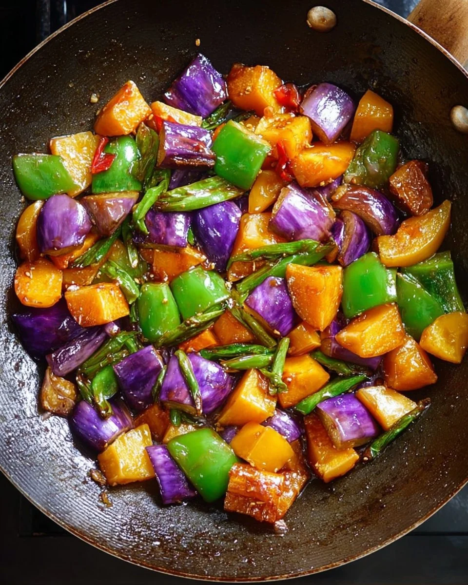 Northeast stir-fried eggplant with potato and bell pepper in a vibrant dish