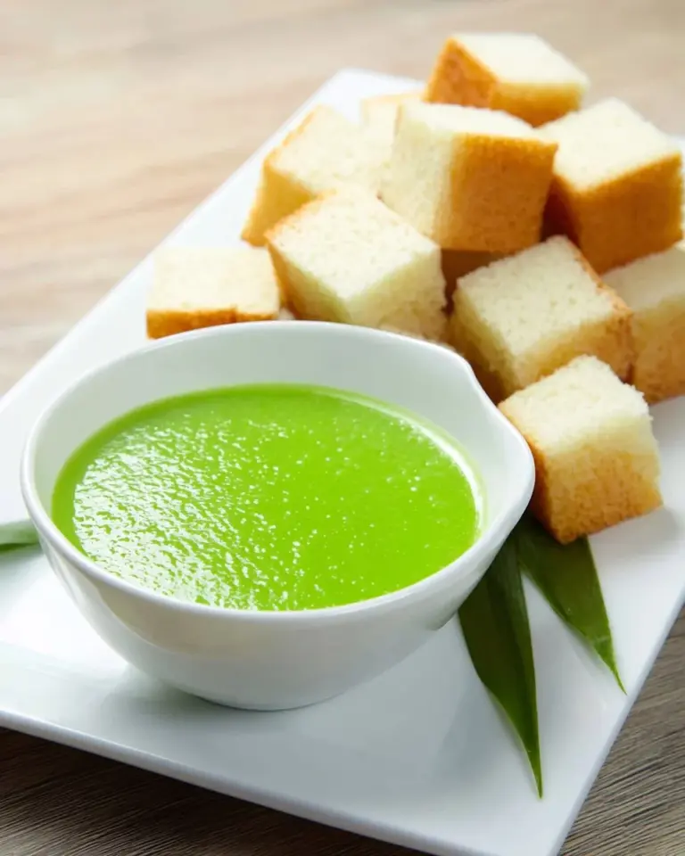 Delicious pandan coconut custard fondue served with fresh fruit and snacks