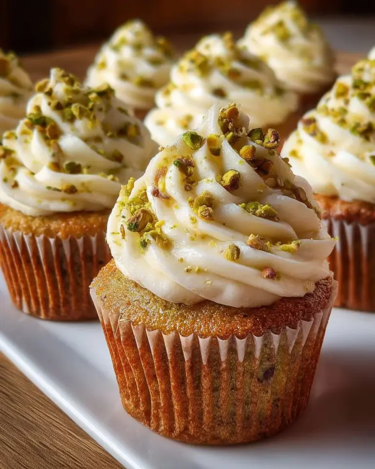 Pistachio cupcakes with vanilla buttercream frosting on a decorative platter.
