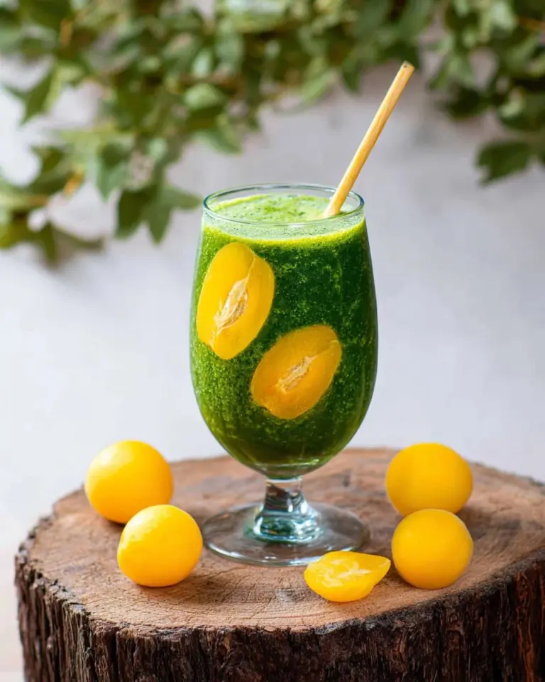 Plum mango kale smoothie in a glass garnished with fresh fruit