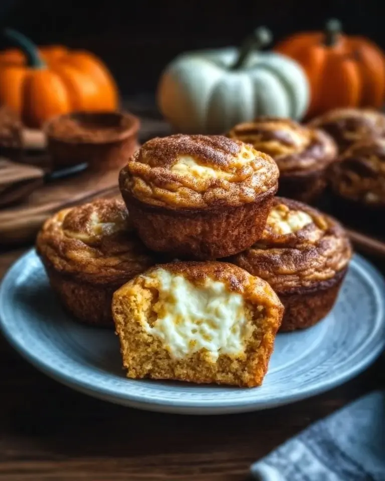 Delicious Pumpkin Cheesecake Muffins topped with creamy frosting