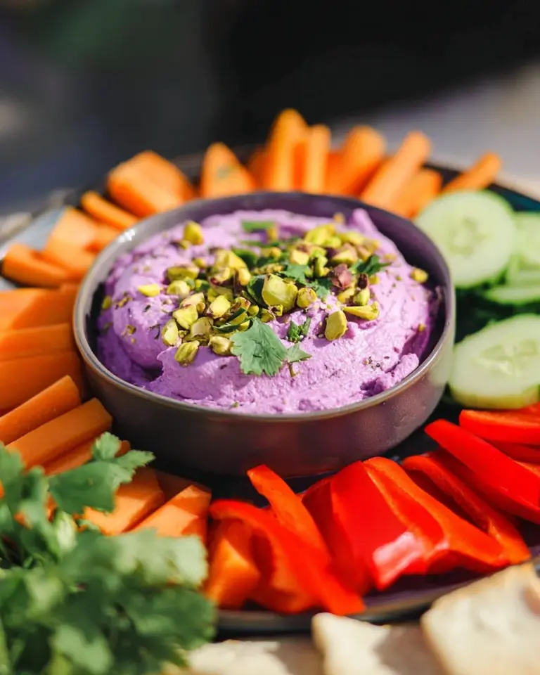 Bowl of purple sweet potato hummus with garnishes and pita bread for dipping.