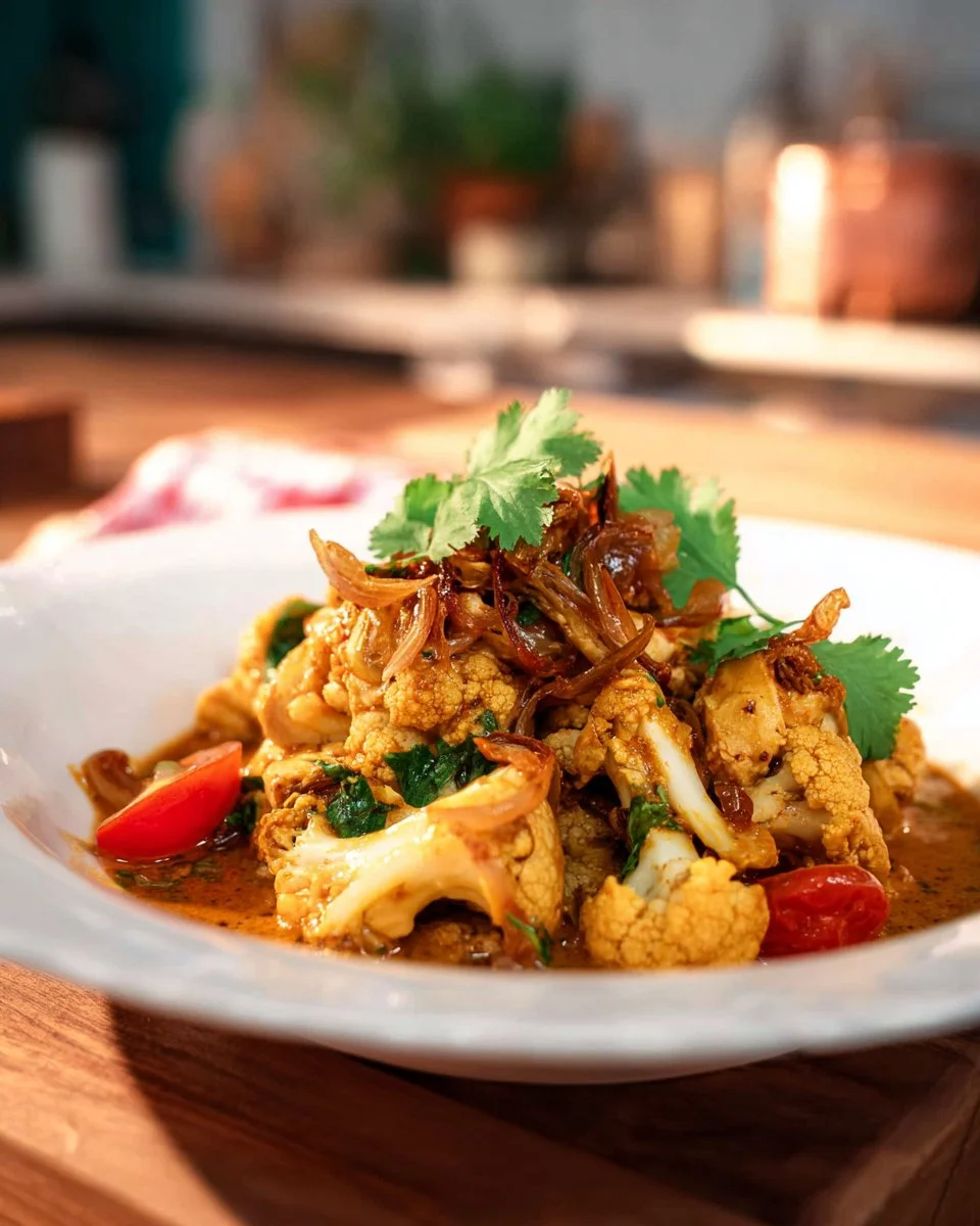 Quick cauliflower curry stir fry with vibrant vegetables in a bowl