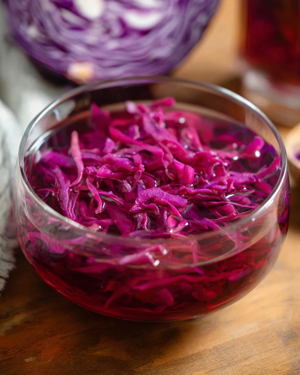 Bowl of quick pickled red cabbage for a tangy and colorful dish.