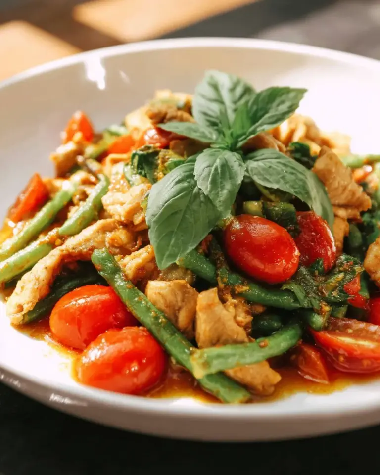 Delicious Red Curry Stir Fry with Chicken served in a bowl.