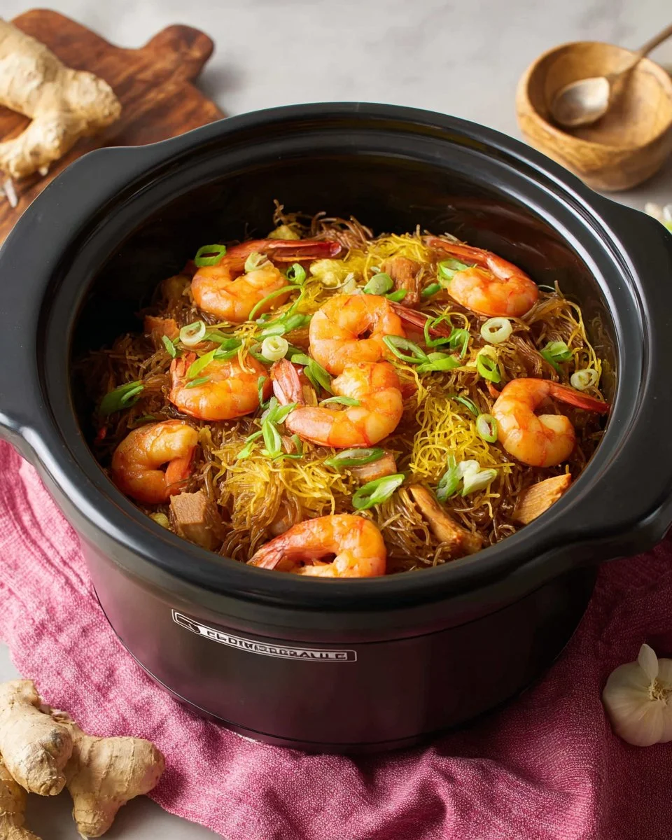 Rice cooker noodles with shrimp and ginger served in a bowl.