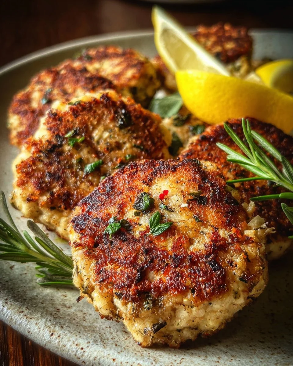Delicious rosemary lemon chicken patties garnished with herbs