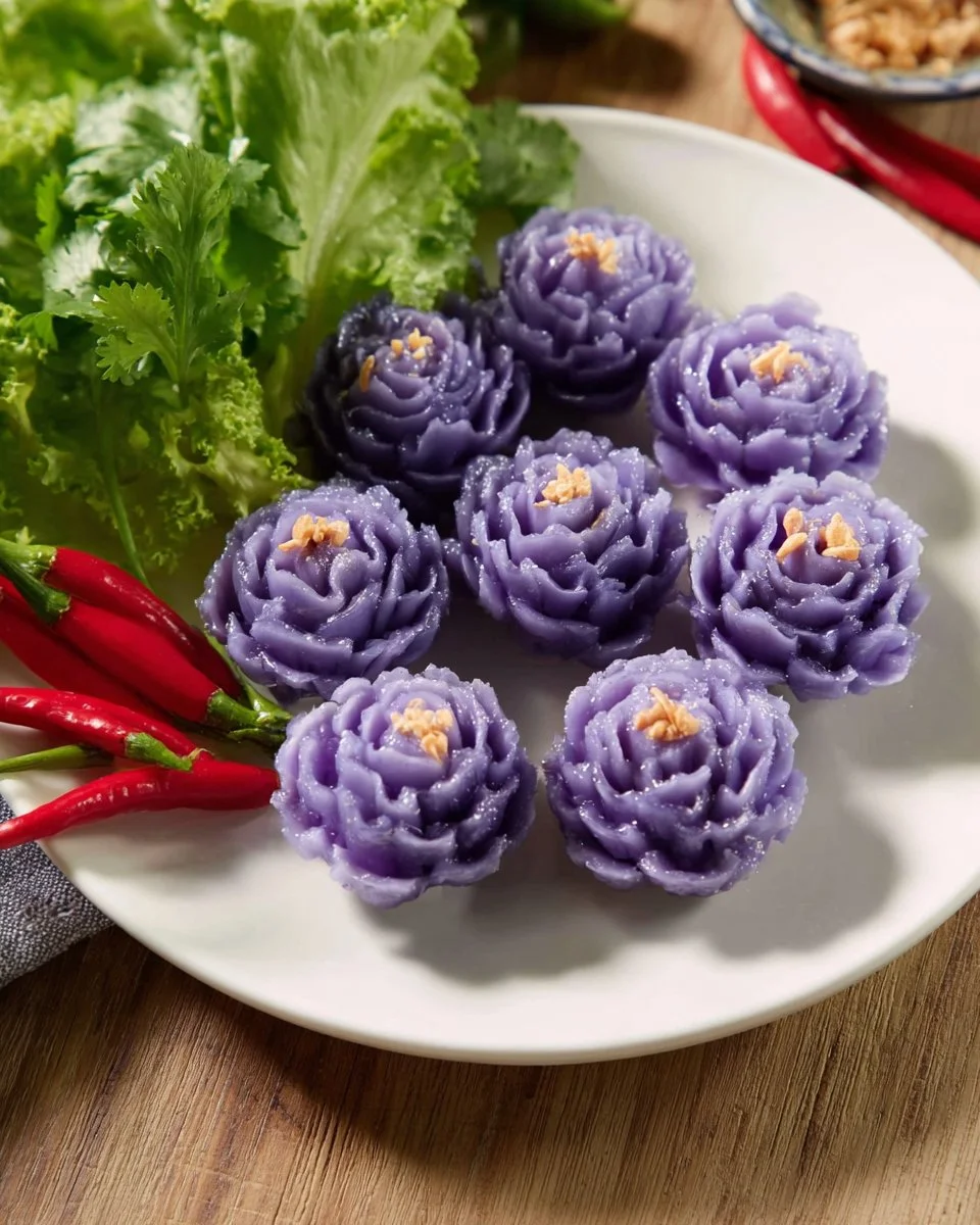 Royal Flower Dumplings Chor Muang, beautifully shaped Thai delicacy filled with savory goodness.