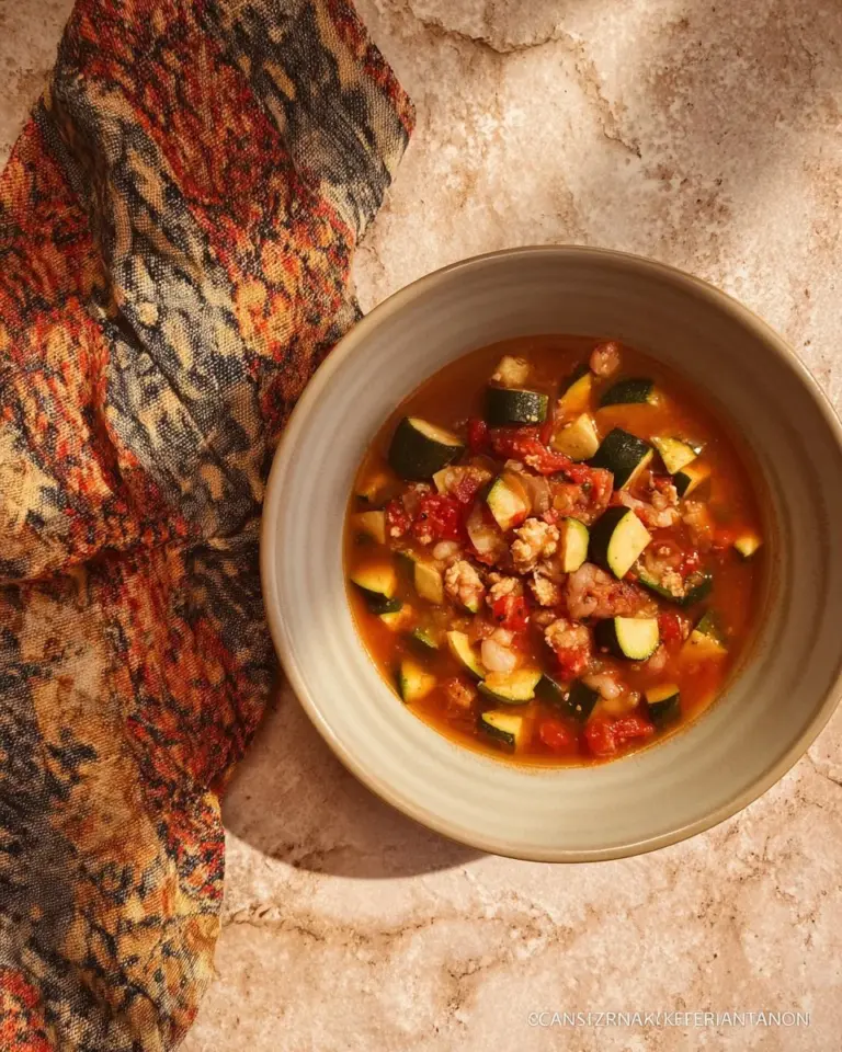 Bowl of Sausage Zucchini Soup filled with rich ingredients and herbs.
