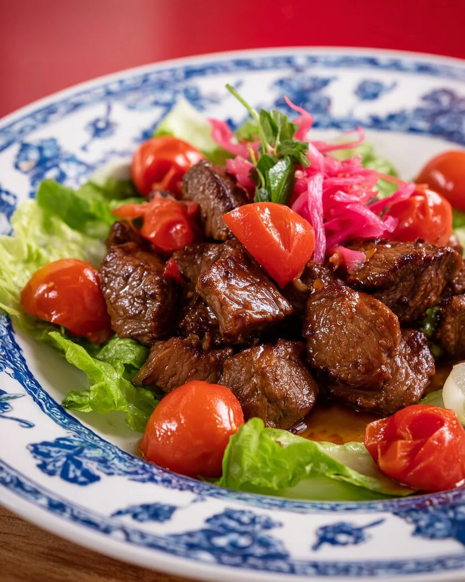 Plate of delicious shaking beef garnished with fresh herbs and vegetables.