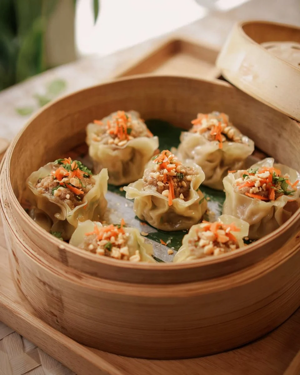 Shrimp and pork dumplings served with dipping sauce on a wooden plate.