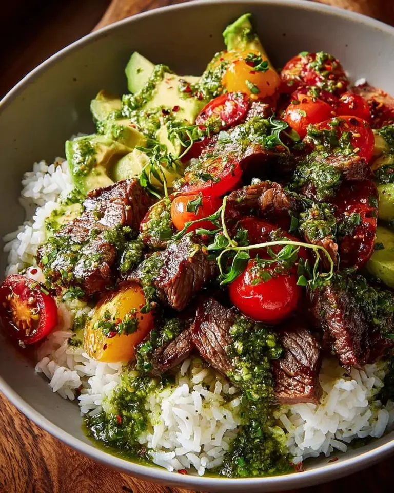 Delicious skirt steak rice bowl garnished with fresh vegetables and herbs
