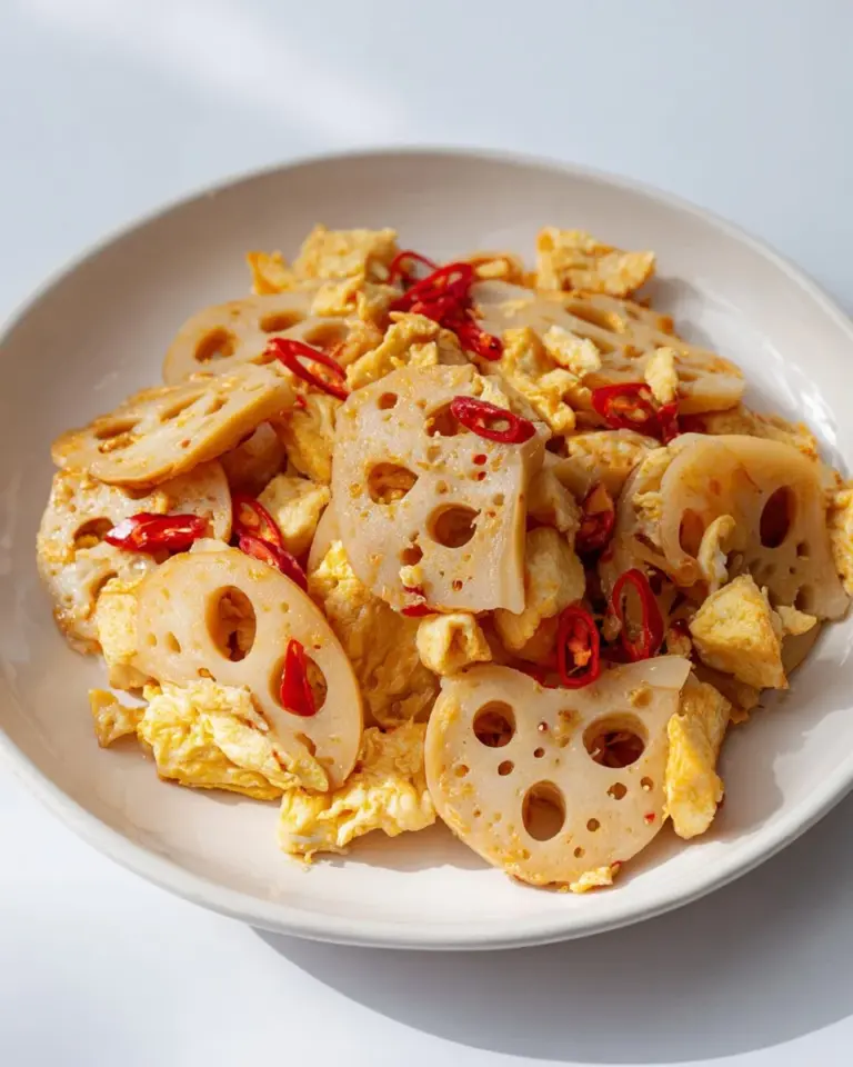 Delicious Spicy Lotus Root Stir Fry garnished with fresh herbs.