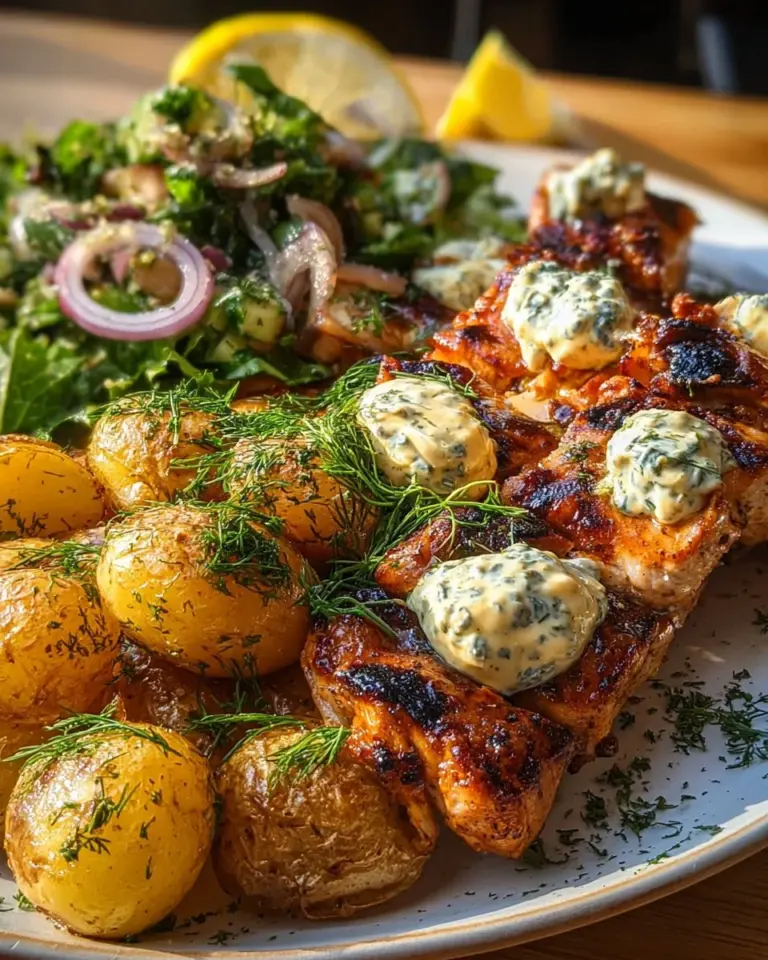 Spicy yogurt marinated chicken with dill feta cream and crispy baby potatoes