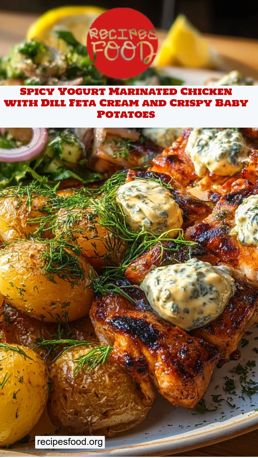 Spicy Yogurt Marinated Chicken with Dill Feta Cream and Crispy Baby Potatoes