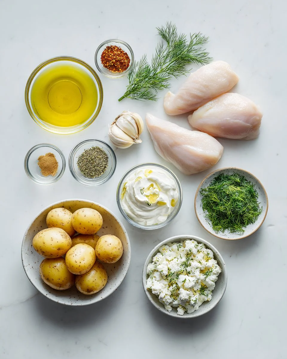 Spicy Yogurt Marinated Chicken with Dill Feta Cream & Crispy Baby Potatoes