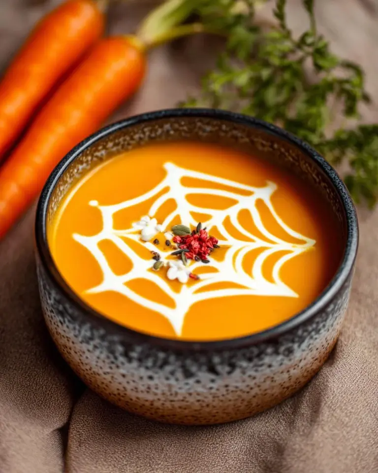 Bowl of spooky Halloween carrot soup with Halloween-themed decor