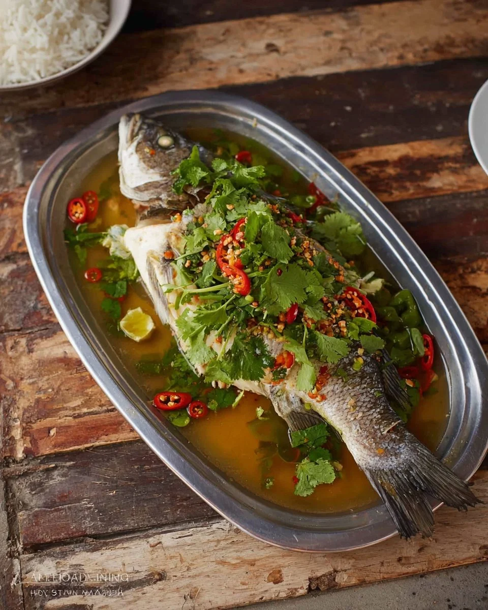 Steamed fish garnished with lime and garlic sauce for a tasty meal