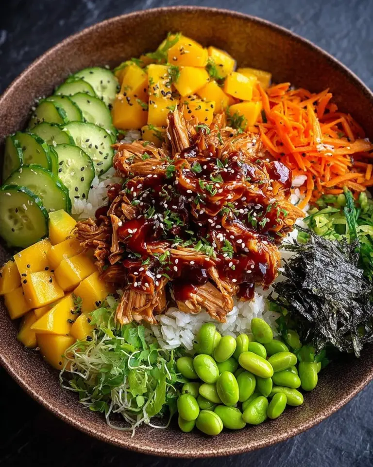 Delicious sticky chicken poke bowls with fresh ingredients and vibrant flavors.
