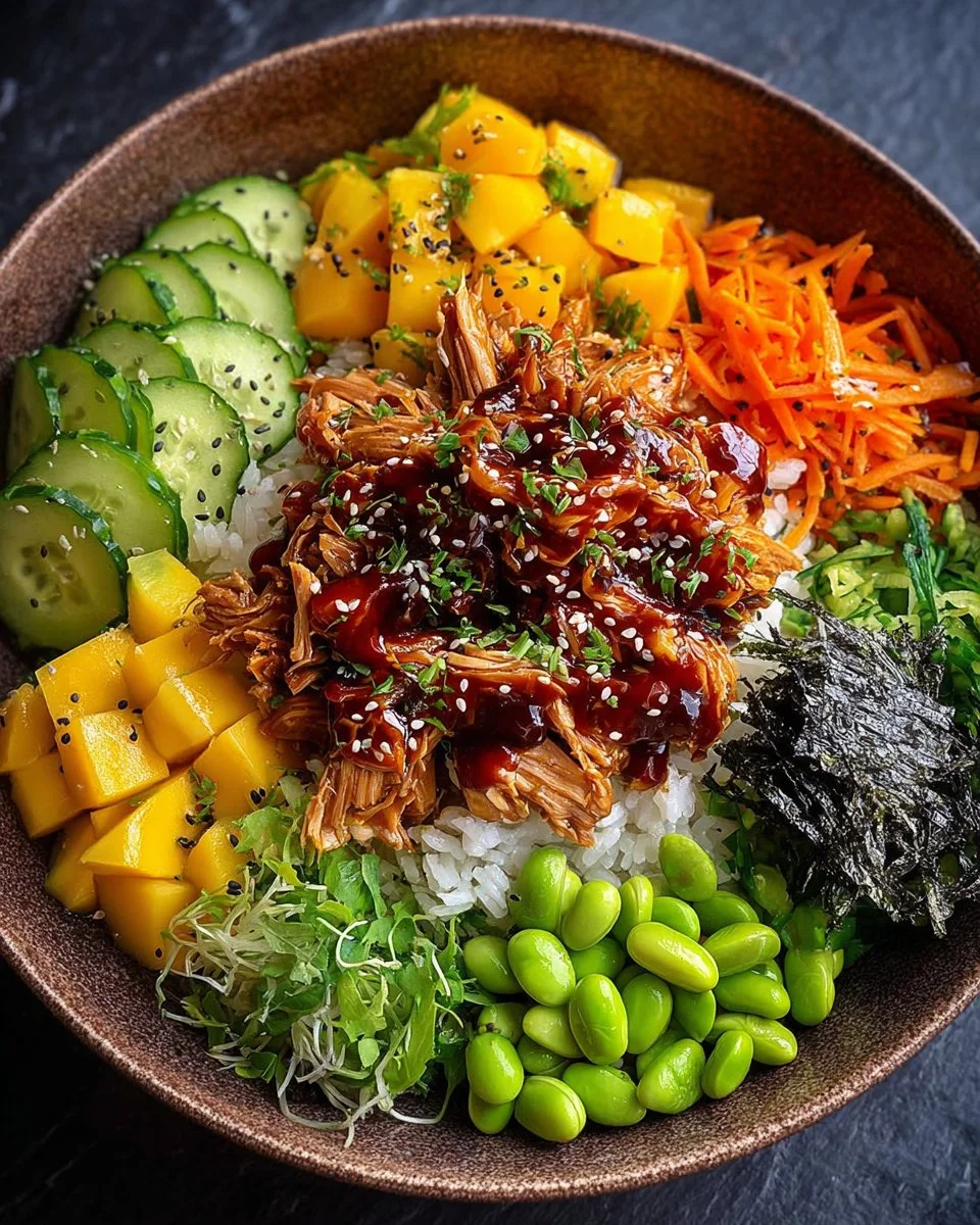 Delicious sticky chicken poke bowls with fresh ingredients and vibrant flavors.