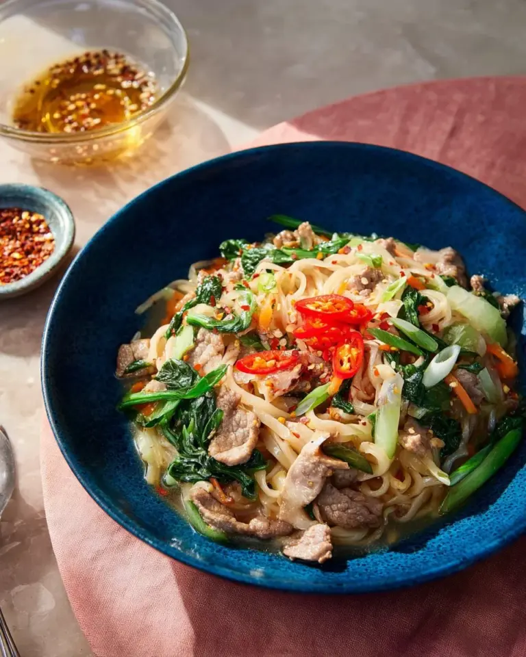 Plate of stir-fried fresh rice noodles with pork gravy and vegetables
