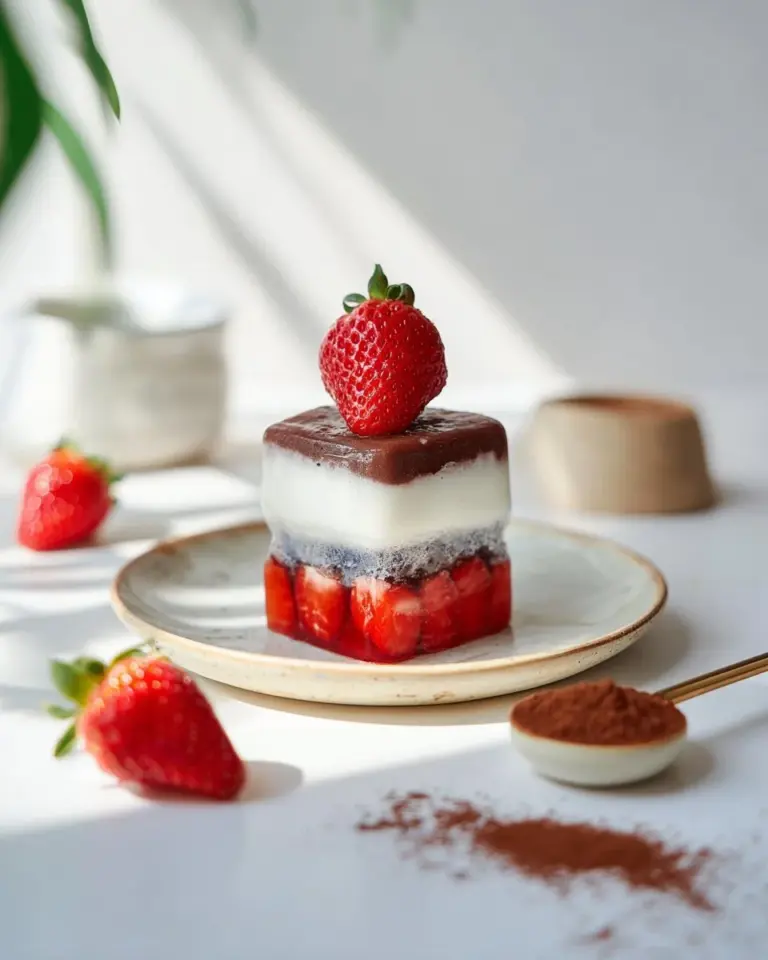 A refreshing Strawberry Hojicha Latte topped with fresh strawberries and whipped cream