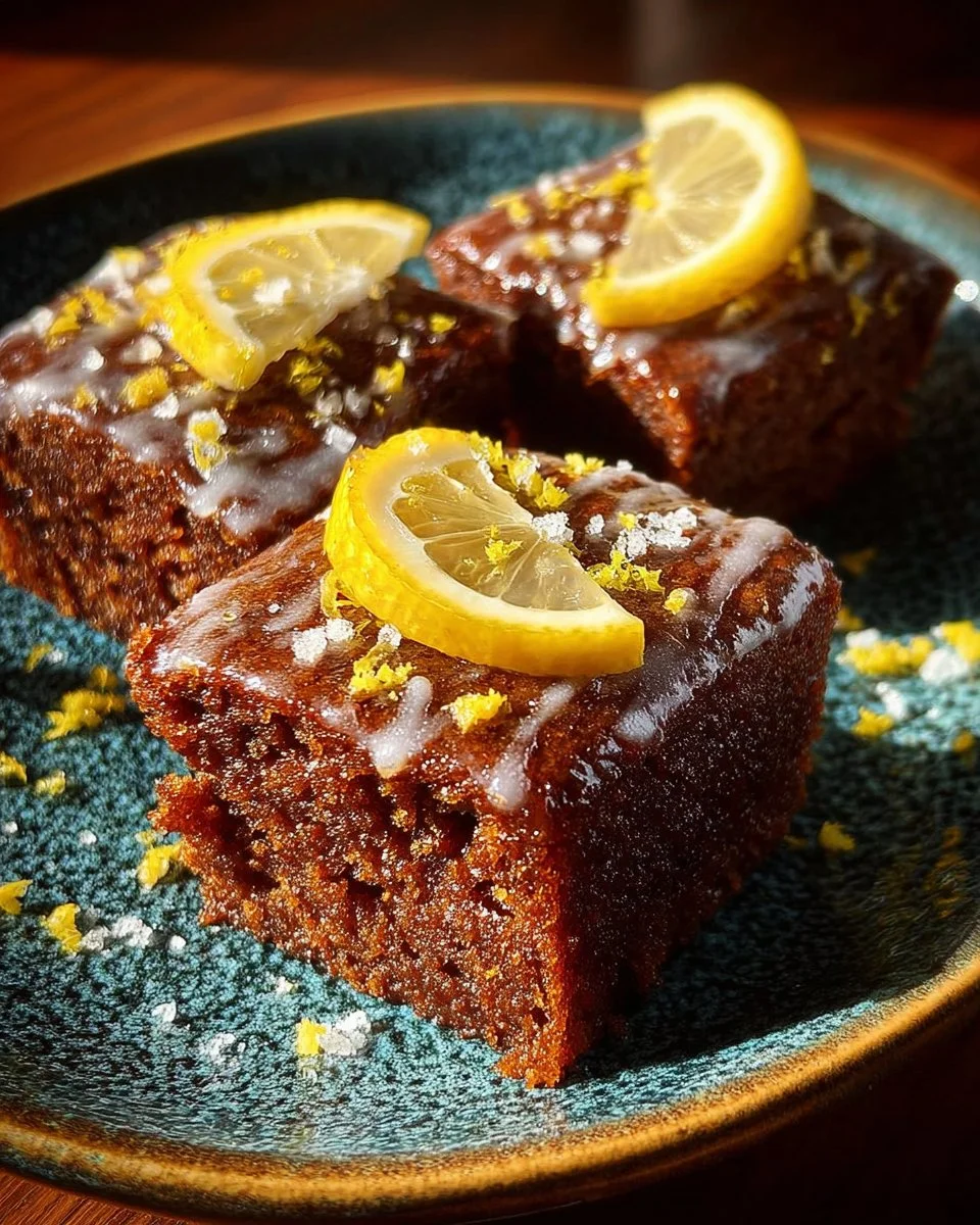 Delicious tangy glazed baked lemon brownies on a plate