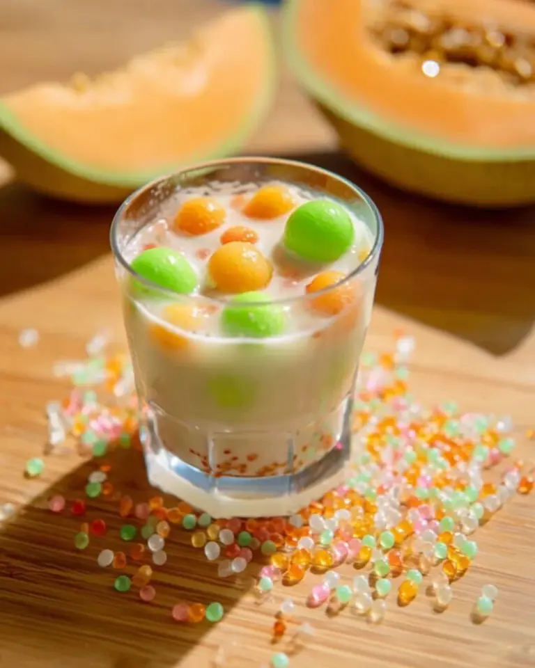 Bowl of tapioca melon dessert soup with fresh melon pieces