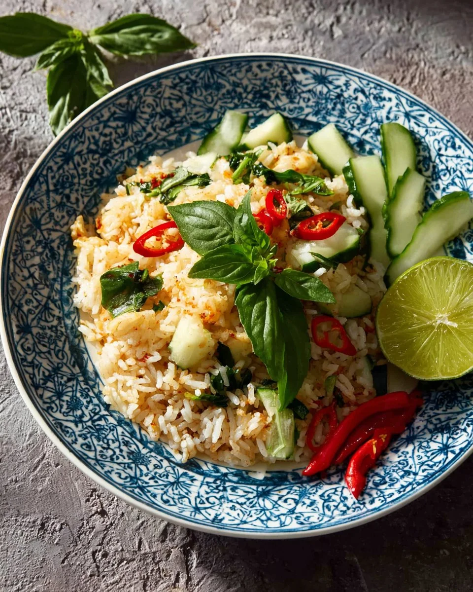 Plate of Thai Basil Chicken Fried Rice garnished with herbs