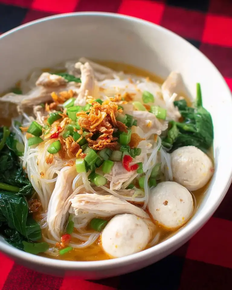 A steaming bowl of Thai Chicken Noodle Soup garnished with fresh herbs