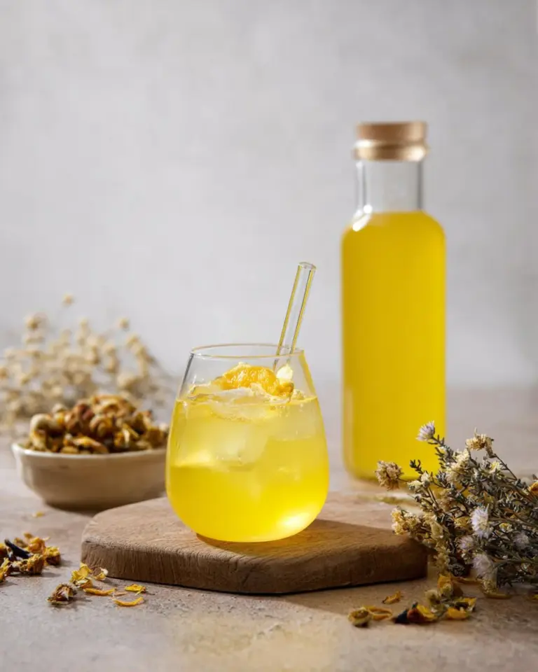 Cup of Thai Chrysanthemum Tea with flowers and leaves