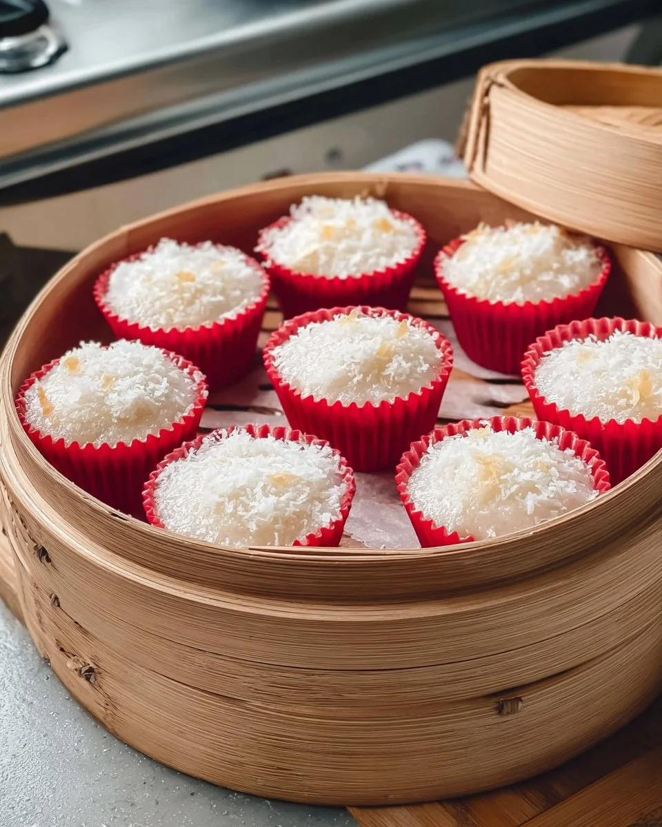 Deliciously moist Thai coconut banana cakes on a plate, garnished with fresh coconut.