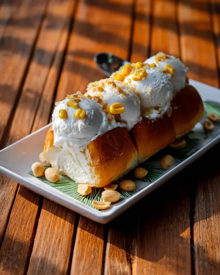 Delicious Thai coconut ice cream sundae with tropical toppings
