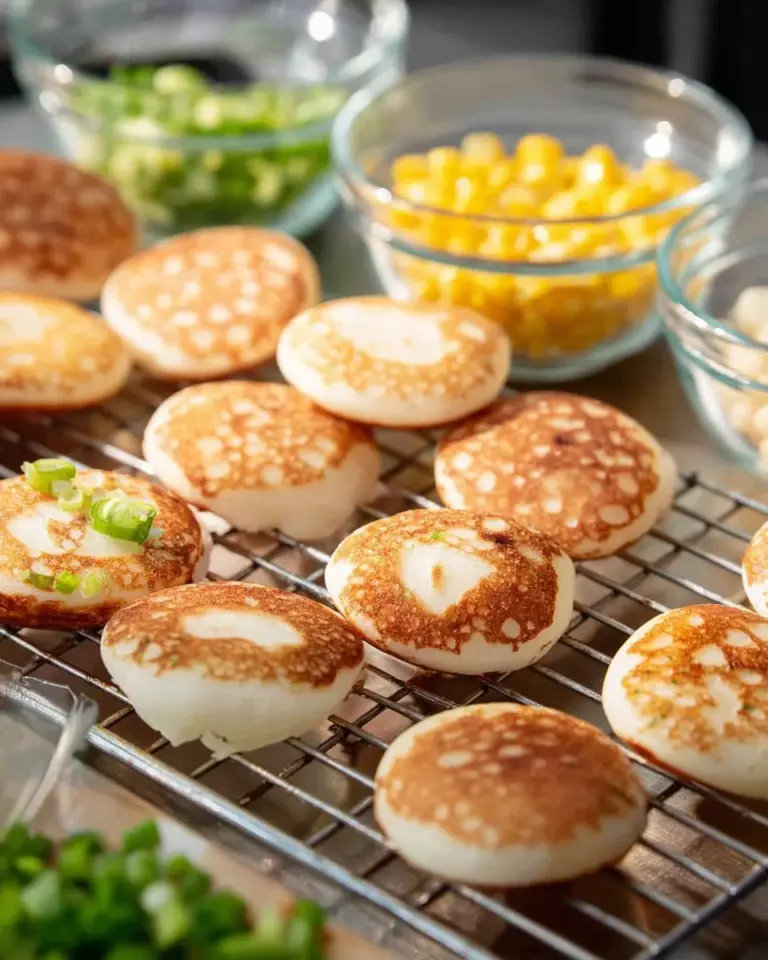 Delicious Thai coconut pancakes served with a side of fresh fruit and syrup.