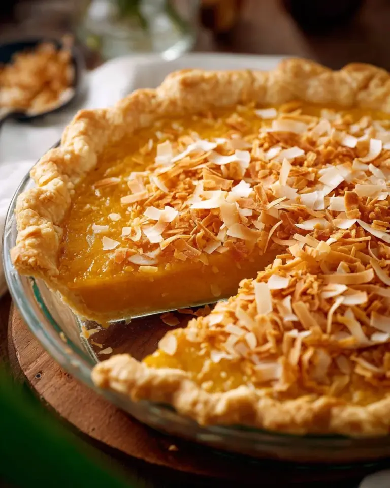 Thai Coconut Pumpkin Pie topped with coconut cream and spices.