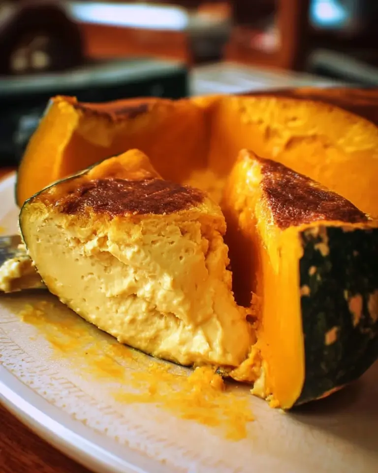 Thai custard served inside a carved pumpkin, resembling crustless pumpkin pie.