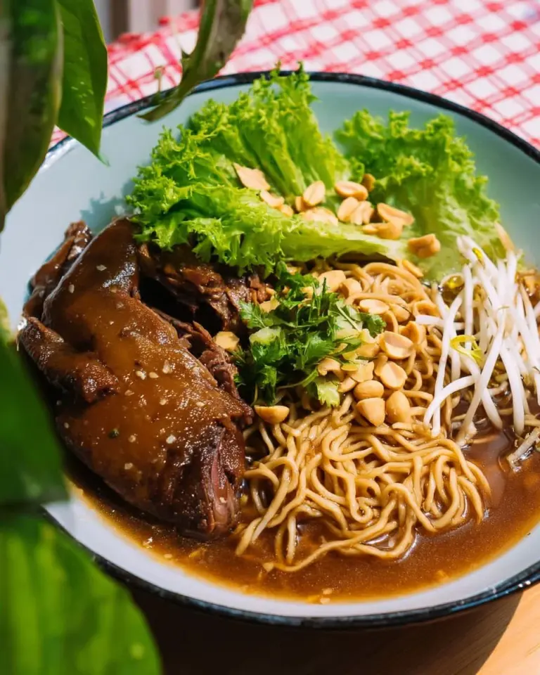 Bowl of Thai duck noodle soup with herbs and spices