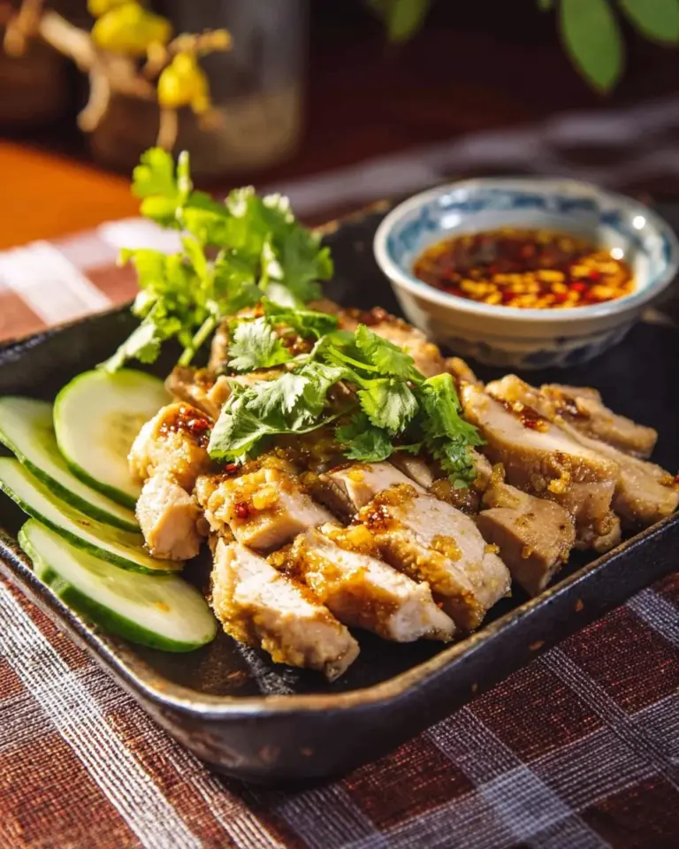 Plate of Thai Garlic Pepper Chicken with fresh herbs and spices
