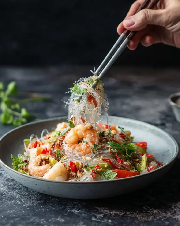 Delicious Thai Glass Noodle Salad (Yum Woon Sen) with fresh ingredients and vibrant colors.